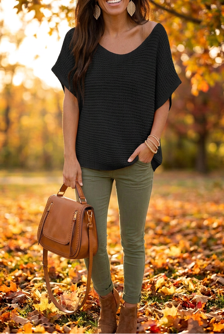 Loose Knit Short Sleeve Solid Color Sweater Top
