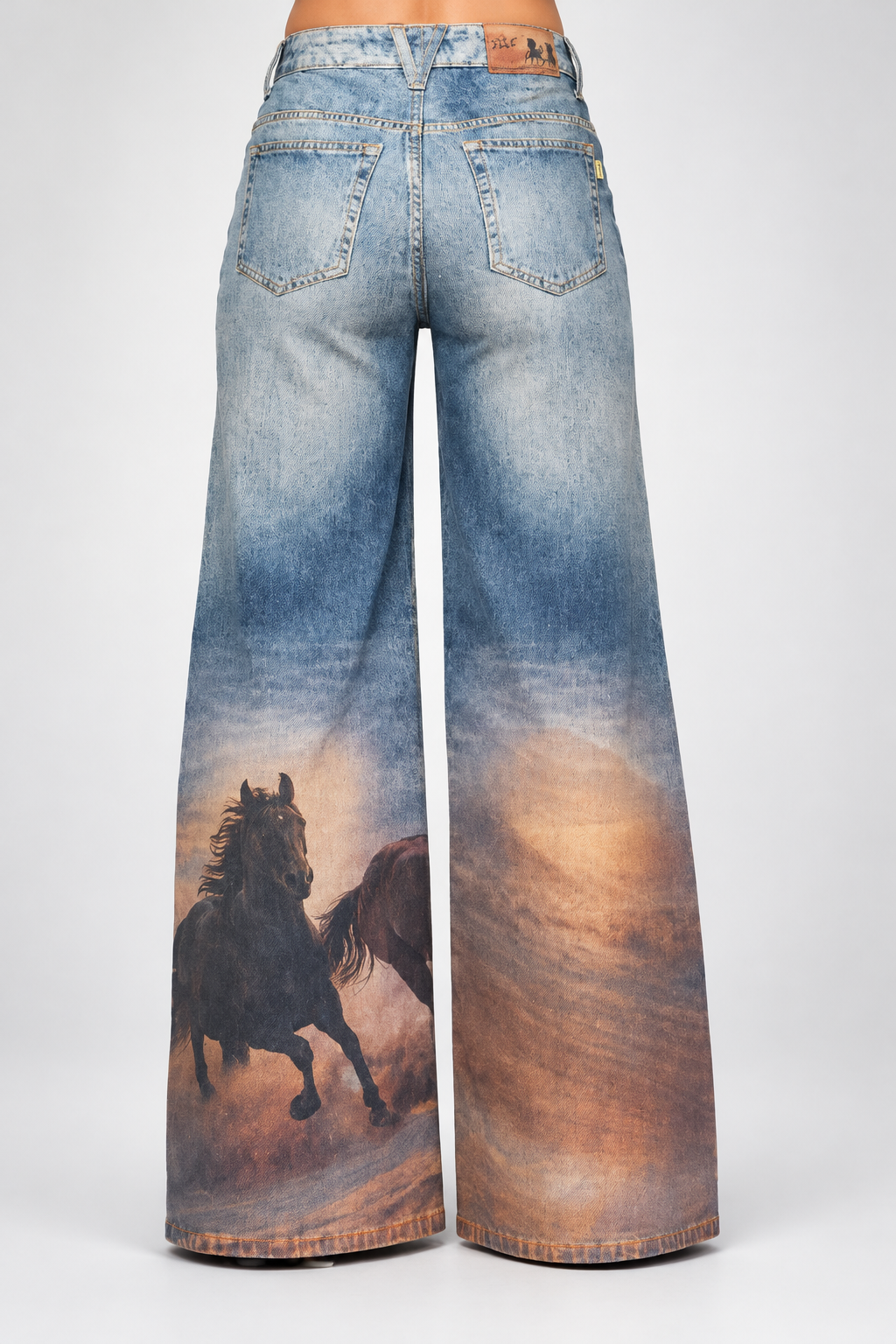 White Horse Digital Print Wide Leg Jeans