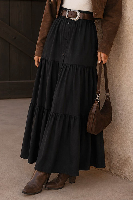 Black Tiered Maxi Skirt w/Buttons