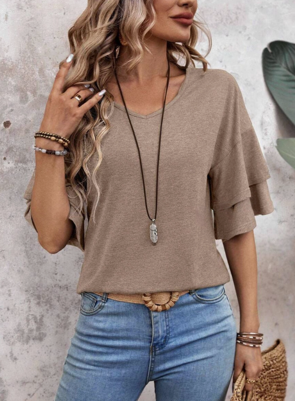 Women's Flutter Sleeve V Neck Summer Casual Blouse Top
