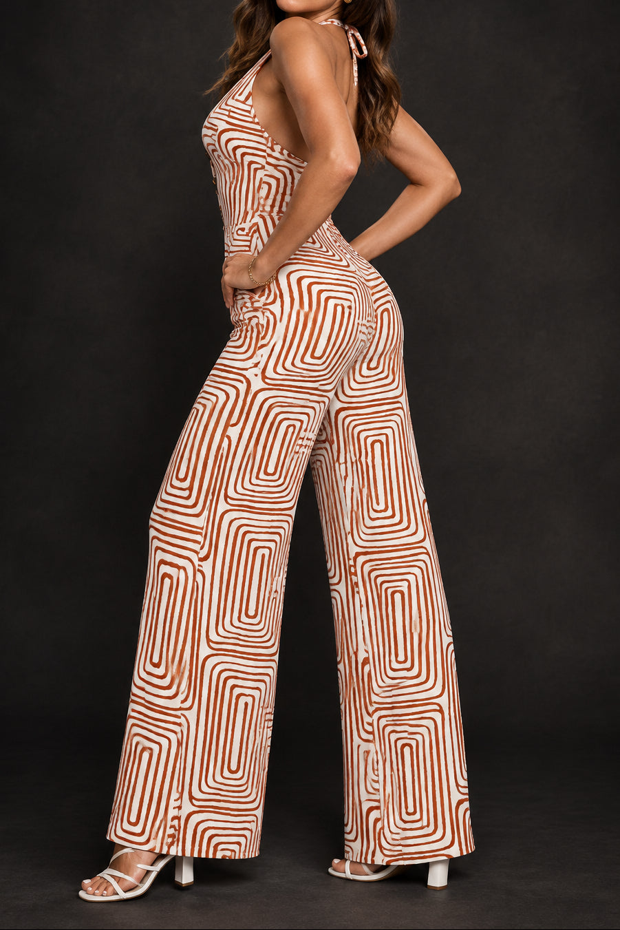Geometric Print Linen Halter Vest and Pants Set with Button Detail