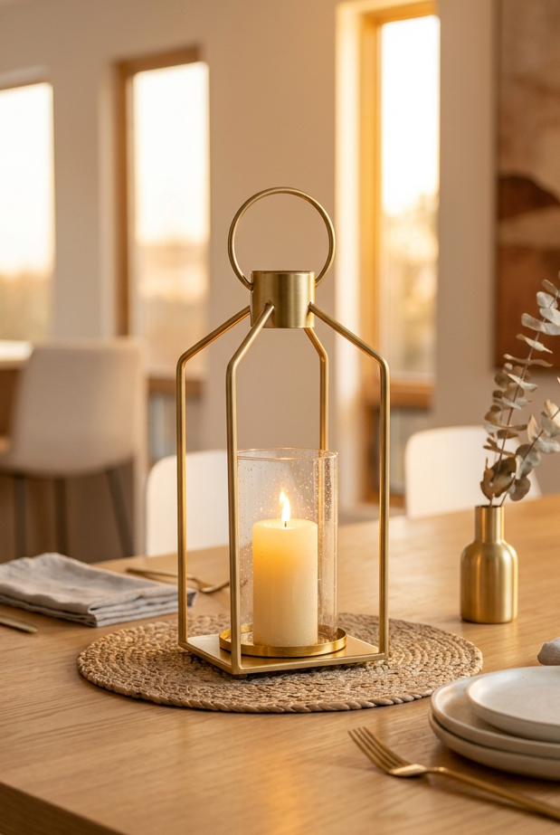 Gold Metal Farmhouse Lantern with Hurricane Glass