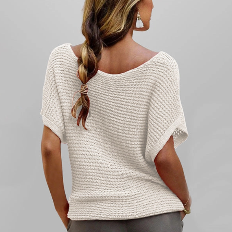 Loose Knit Short Sleeve Solid Color Sweater Top