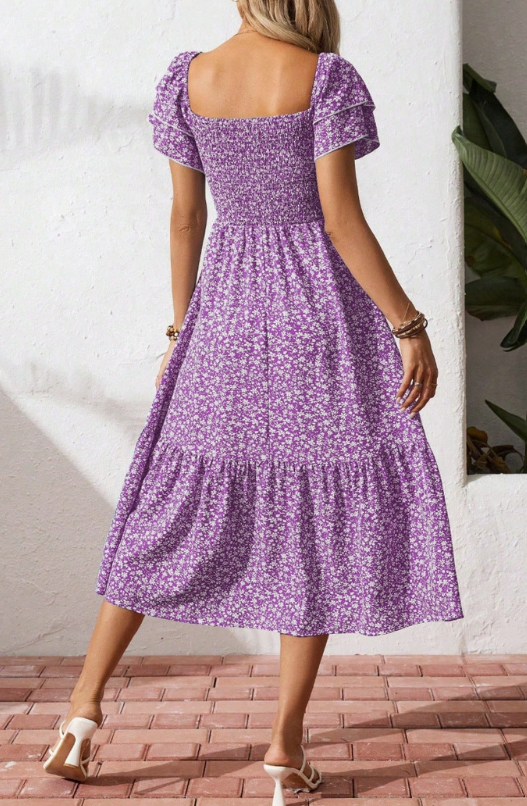 Square Neck Smocked Short Sleeve Maxi Summer Dress