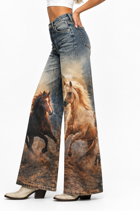 White Horse Digital Print Wide Leg Jeans