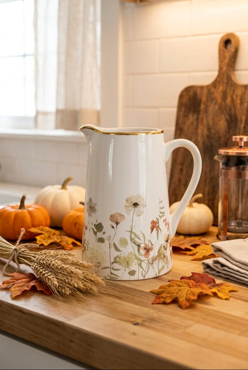 Dried Flower Pitcher with Gold Rim