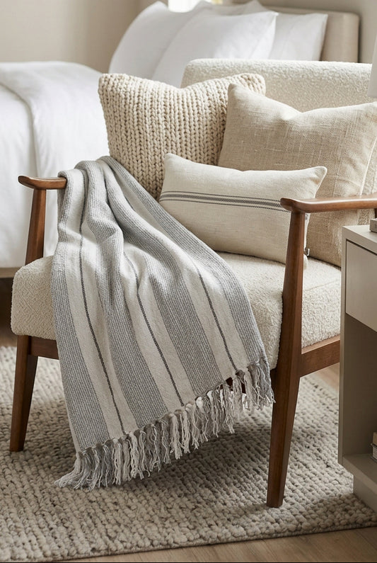 Ivory and Stone Striped Throw | Linen