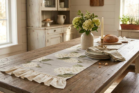 13 x 78" Table Runner  - Antique Hydrangea - Ivory and Sage Tones